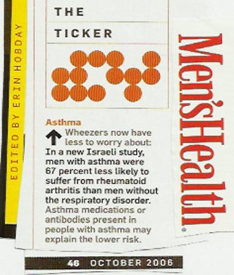 Image Credit: A magazine article documenting a possible inverse relationship between asthma and arthritis, which was copied from Men's Health Magazine, page 46 of the October 2006 issue, edited by Erin Hobday.