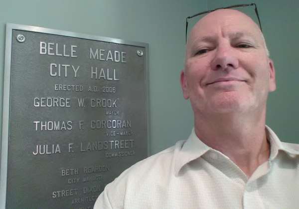 A Chrome Dome Mike selfie taken just inside the entrance of the Belle Meade City Hall building.