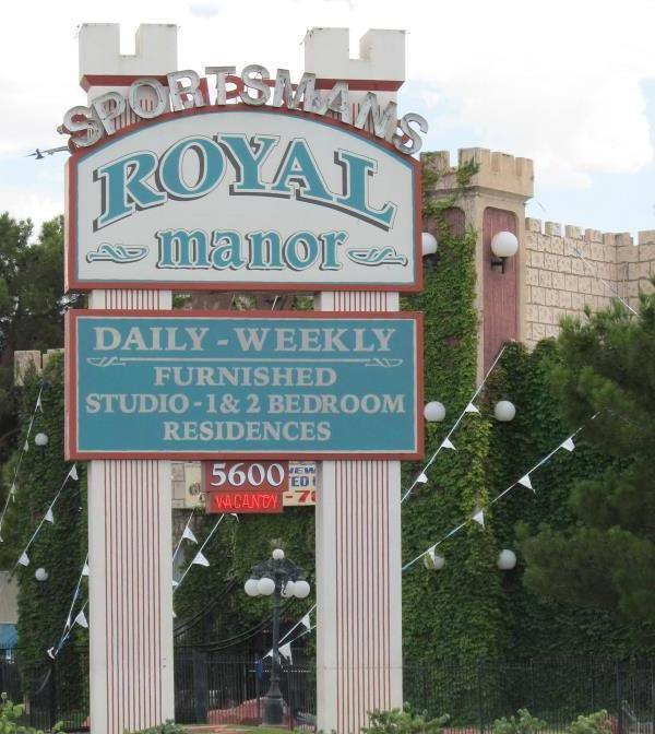 Pic of the sign for Sportsman's Royal Manor apartments in Clark County, NV at 5600 Boulder Highway at Tropicana, which looks like a castle.