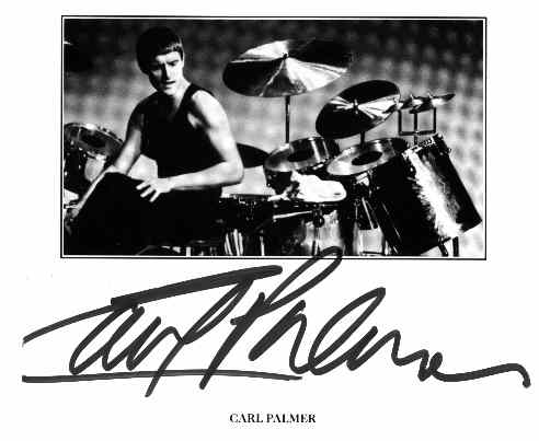 Autographed photo of drummer Carl Palmer from the insert of the Brain Salad Surgery LP.  Carl signed it at a drum clinic in Bedford, Texas.