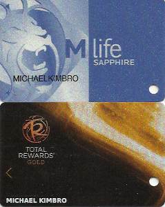 Pic of my MGM M-life Sapphire players card and my Caesars Resorts Total Rewards players card.  I'm a member of both of these casino bonus rewards programs.