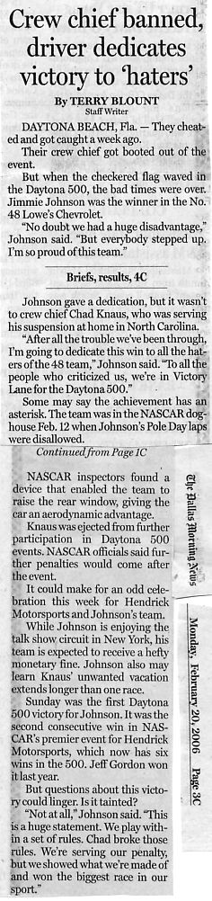 Image Credit:  Dallas Morning News, February 20, 2006, pages 1 & 4, article entitled "Checkered Path" by Terry Blount.
