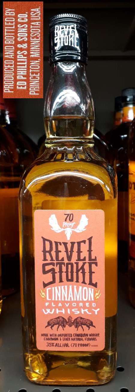 A bottle of Revel Stoke Cinnamon Whiskey by Ed Phillips & Sons Company of Princeton, Minnesota.