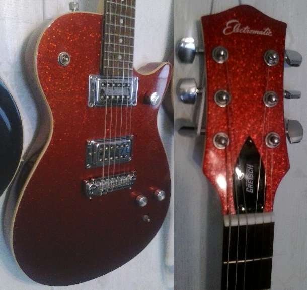 A pic of the Gretsch Electromatic G1619 guitar in sparkle red played by Colorado musician Tomy Lee Dudley in this song of North Dakota, bought by the author from a Cash America Pawn Shop in Fort Worth, Texas.