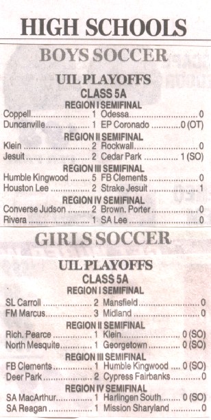 Image Credit:  The Sweet Sixteen of Texas High School Soccer, thanks to the Fort Worth Star-Telegram, week of 4-9-2005.  At this stage of the tournament, matches are played at locations across the great state of Texas.