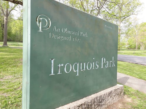 Pic of the sign at the North entrance of Iroquois Park in Louisville, Kentucky, which is an Olmsted Park which was designed in 1897.
