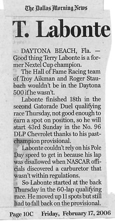 Image Credit:  Dallas Morning News, February 17, 2006, article entitled "Daytona Briefs" by Terry Blount.  Imagine just how busy the NASCAR officials are in an environment such as this, where at all levels the motto is: "That's racin'."