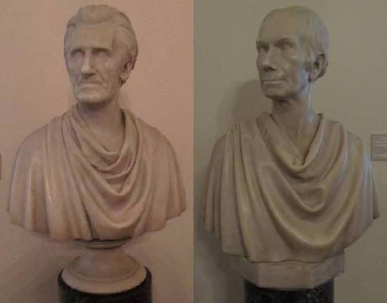 Busts of President Andrew Jackson and politician Henry Clay on display in the Old Capitol Building in Frankfurt, Kentucky, as crafted by Joel Tanner Hart.