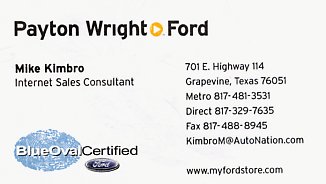 Business card of Mike Kimbro while with Payton Wright Ford, an AutoNation dealership, which later became Bankston Ford of Grapevine, and later simply Grapevine Ford.