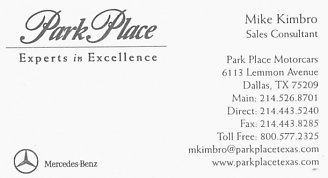 Business card of Mike Kimbro while at Park Place Mercedes Benz on Lemmon Ave in Dallas, TX.  This dealership was part of the Park Place Motorcars organization which included Lexus and Bentley automobiles.