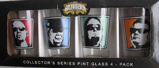 My set of drinking glasses featuring the images of the Pawn Stars of the Gold & Silver Pawn Shop, bought at Choctaw Casino in Durant, OK.