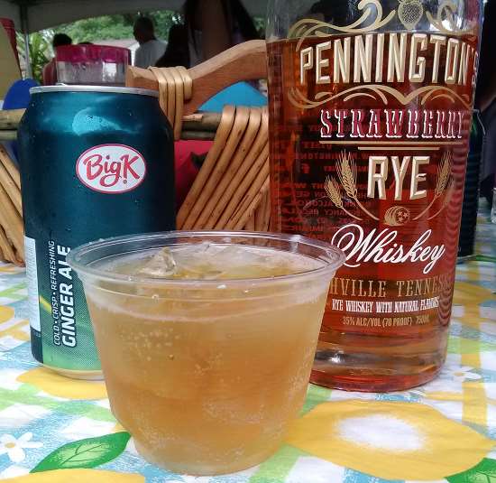 A delicious cocktail of Strawberry Rye Whiskey by Pennington's of Nashville, Tennessee, with some fine Big K Ginger Ale from Kroger, enjoyed at a July 4th Party in St. Matthews, KY.