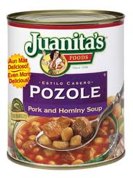 Pic of a can of Juanita's Polole, the Pork and Hominy Soup of Hispanic origin.  Originally made with human meat, pork was later substituted into the recipe.