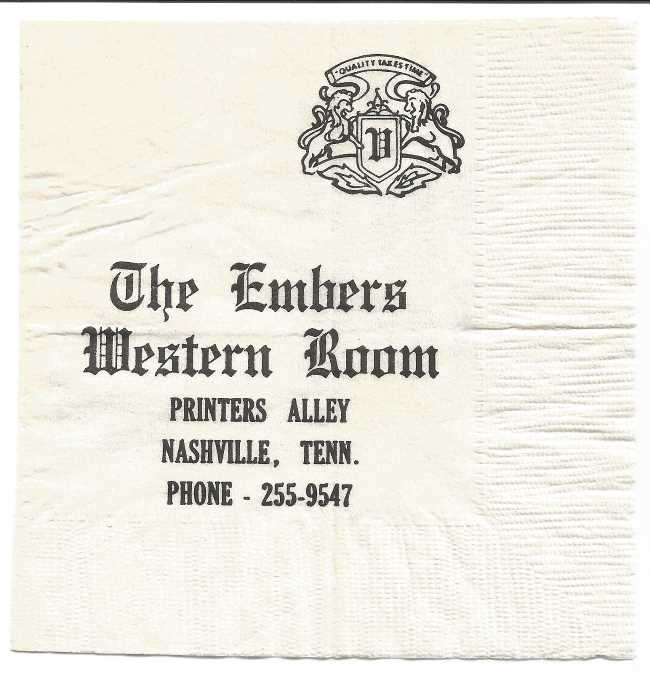 A napkin from the Western Room at The Embers building on Printers Alley in Nashville, Tennessee.