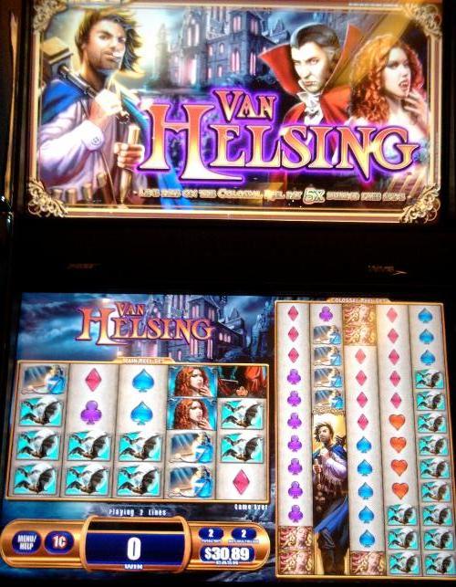 The Van Helsing slot machine photo taken at the Grand Casino in Biloxi, Mississippi.  It's all about the battle between Count Dracula and Herr Van Helsing.