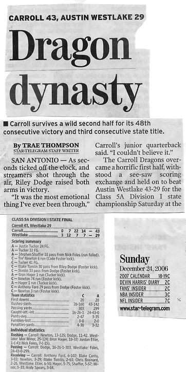 Ranked nationally as high as #1 during the past 3 years, Carroll's Coach Dodge embraces an entertaining, high production offense which is simply hard to resist.  Look over the following evidence of what high school football is all about, not only at the highest levels of the game, but in the championship match of a major tournament