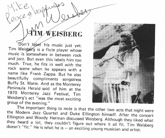 Program page autographed by flutist Tim Weisberg secured at a concert in Phoenix, Arizona around 1971.