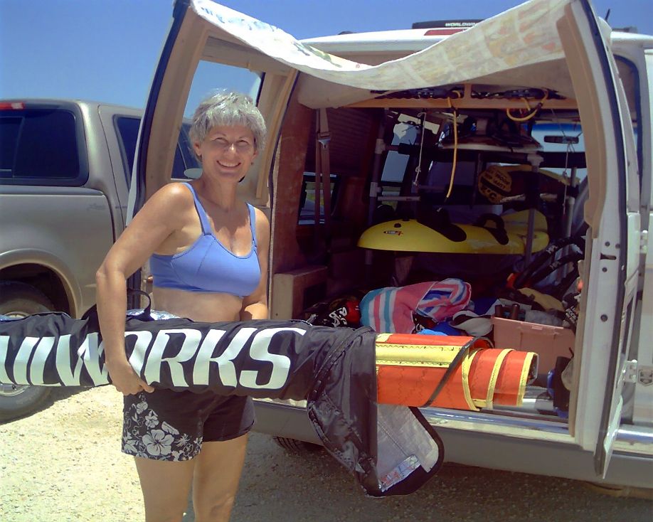 Local Corpus Christi windsurfer Trina, unloading the van at Bird Island Basin in August 2007.