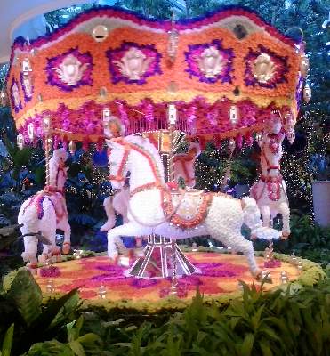 Photo of the fake rose covered carousel in The Atrium area of The Wynn Resort Las Vegas, on The Vegas Strip.