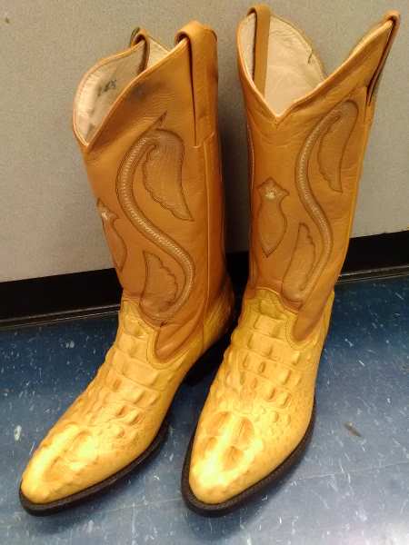 Photo of a pair of cowboy boots in British Tan, taken at the Cash America Pawn Shop on Harry Hines Blvd in Dallas, Texas.
