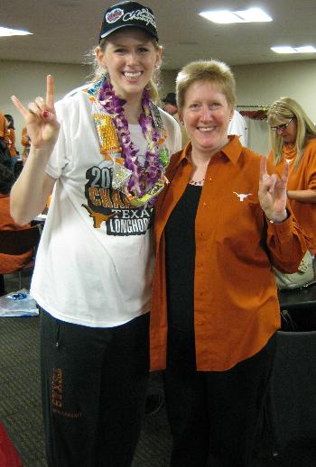 This is my high school friend Kathy London of Austin, TX, with University of Texas volleyball and basketball player Sara Hattis, photo taken in Louisville, KY after Texas won the NCAA championship in 2012.