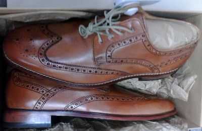 In British tan calf skin, a fine pair of Cole Haan Air Giraldo Wingtip Oxford men's shoes.