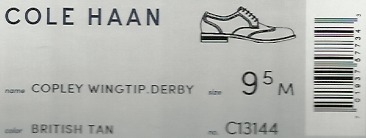 The shoe box label from a pair of men's Cole Haan brand Coley Wingtip Derby shoes in the color of British Tan which I bought from Amazon.com.