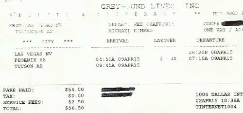 Greyhound Bus Lines Receipt & Voucher for my bus trip from Las Vegas, NV to Tucson, AZ.