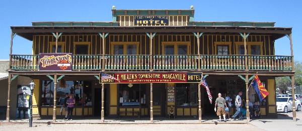 Photo of Tombstone Harley-Davidson and T. Miller's tombstone Mercantile and Hotel, which sells antiques and collectibles from the Old West from it's location at 530 E. Allen Street, Tombstone, Arizona 85638.