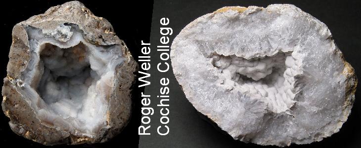 Rockhounding photos of quartz geodes with chalcedony filling, courtesy of Roger Weller of the Cochise College Geology Department in Sierra Vista, Arizona, the rockhounding center of the Southwest USA.