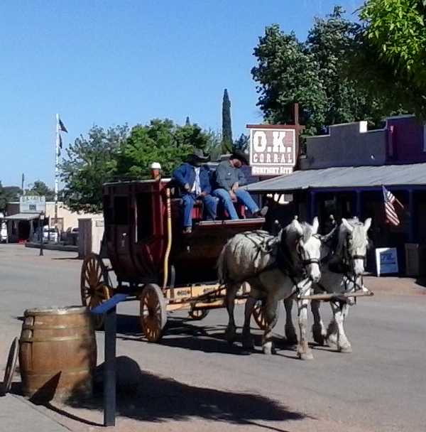 Pic of the stage coach in Tombstone, Arizona in early April 2015, with the famous OK Corral and OK Cafe sitting in the background.
