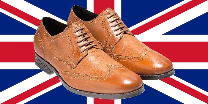 A true icon of Men's fashion, the British Union Jack flag with a pair of men's Cole Haan Copley wingtip derby oxford shoe in genuine British tan leather, image created by the author of this poem about men's fashion.