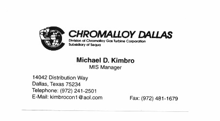 Business card of Mike Kimbro while with Chromalloy Dallas, a division of Chromalloy Gas Turbine Corporation, a global technology company.