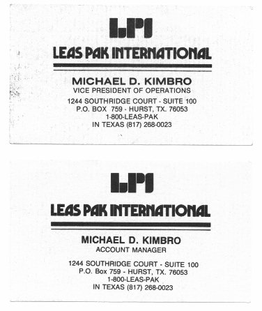 Business card of Michael D. Kimbro while with computer hardware and software sales company Leas Pak International of Hurst, TX.