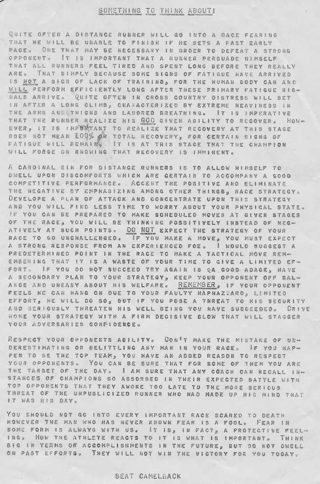 Strategy for running the cross country dual meet against Camelback High School, prepared by Coach Ron Houser of North Phoenix High School.