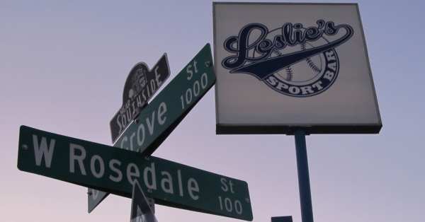 The sign for Leslie's Sports Bar on Rosedale in Fort Worth, which is a Honduran club with a DJ who plays primarily Hispanic and Latino music.