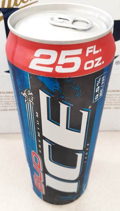 A Bud Ice can beer containing 25 ounces of premium lager beer. 