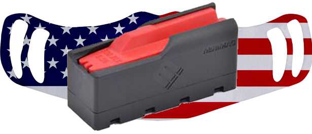 Three shot magazine with the background of a mask in the red, white, and blue of the flag of the United States of America.