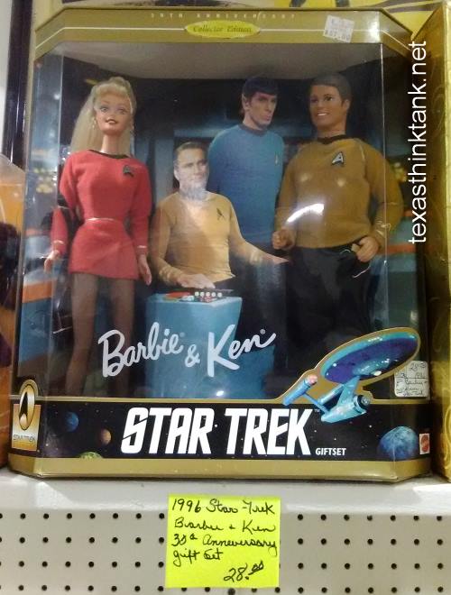 The Star Trek Barbie & Ken collectible dolls found at the Exit 76 Antique Mall in Edinburgh, Indiana, feature a scene from the bridge of the Starship Enterprise.