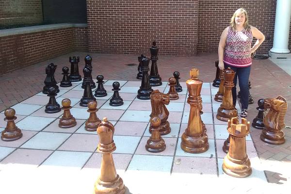 A pic of the outdoor MBA chess set at Montgomery Bell Academy in Nashville, Tennessee, featuring the lovely Paula of Louisville, KY.
