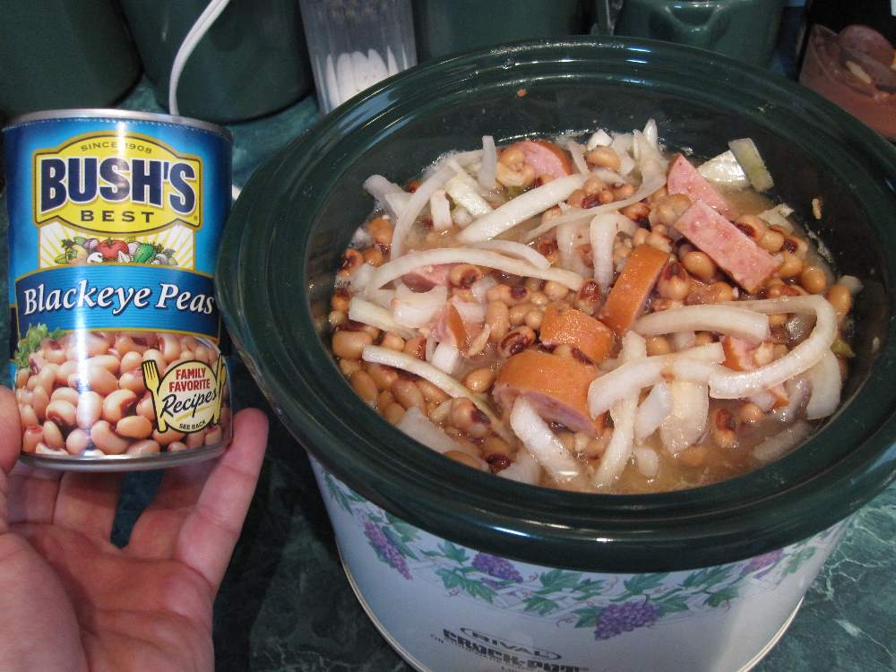 Mike's blackeye pea soup, featuring Bush's Black eye Peas.  It's my favorite bean soup recipe, and is quite nearly gasless, if such a thing is possible.