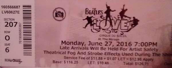 Pic of a ticket for the Cirque Du Soleil show "The Beatles LOVE" seen at The Mirage Resort Casino on Las Vegas Blvd.