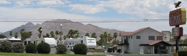 Pic of the Roadrunner RV Park on Boulder Hwy with Frenchman Mountain in the background.