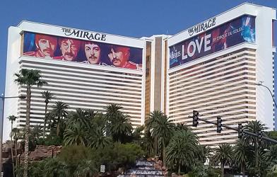 Pic of The Mirage Resort Casino on Las Vegas Blvd, which features the Cirque Du Soleil show "The Beatles Love", a wonderful Starbucks, and a Volcano.