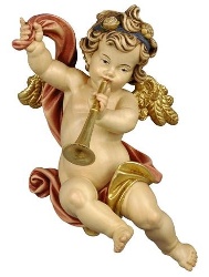 This is a cool pic of a cherub angel blowing a wind instrument like a clarinet or soprano saxophone, but it could be a brass instrumnet like a trumpet or bugle or coronet or even some kind of horn.