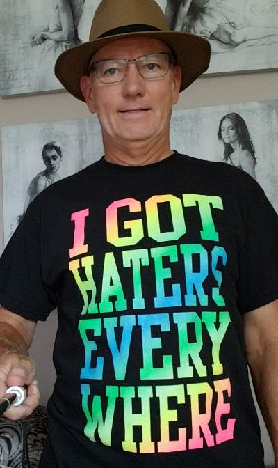 Here's Chrome Dome Mike in a t-shirt which say "I Got Haters Everywhere".