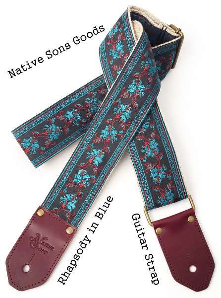 Here's a cool guitar strap in claret and blue, by the good folks at Native Sons Good of Albequerque, New Mexico, USA.