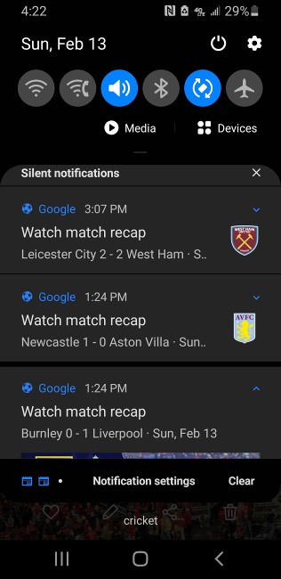 Here's a screenshot from my Samsung 9+ smart phone, documenting that I follow West Ham United, Aston Villa FC, and Burnley Football Club, with match results from February 13, 2022.