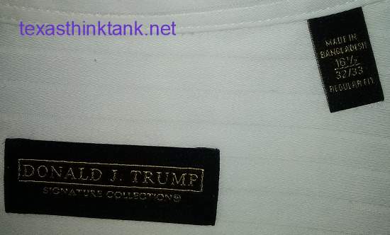 A picture of the labels on my very own white dress shirt from the Donald J. Trump signature collection, which shows to be Made in Bangladesh.