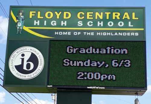 The sign in front of Floyd Central High School, containing a message about graduation on Sunday June 3, 2018.